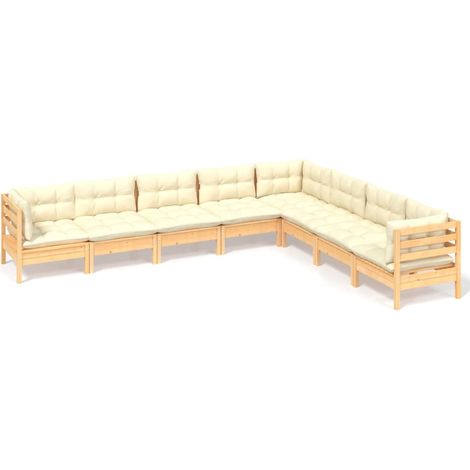 Muebles de jardín Muebles de exterior Juego de muebles de 8 piezas con cojines color crema de madera maciza de pino (1/4)