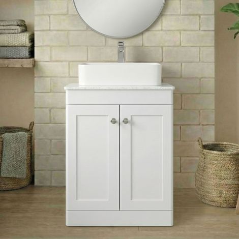 Nuie Classique Floor Standing 2-Door Vanity Unit with White Marble Worktop 600mm Wide - Satin White (1/3)