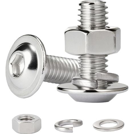 10 Pièces Vis à Tête avec Six Pans Creux M6x60 mm, Boulons à Tête Bombée avec Bride Inox A2 V2A, Jeu de Vis avec Ecrous et Rondelles, Entièrement Filetée (1/5)