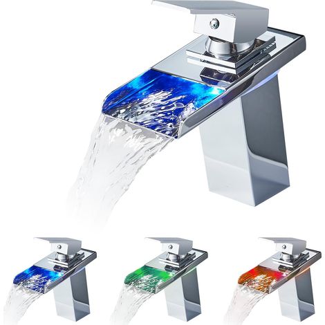 Waterfall Faucet, RGB 3 Color Changing with Temperature Sensor, 304 Stainless Steel Lighting, Hot and Cold Basin Mixer Tap, Chrome (1/5)