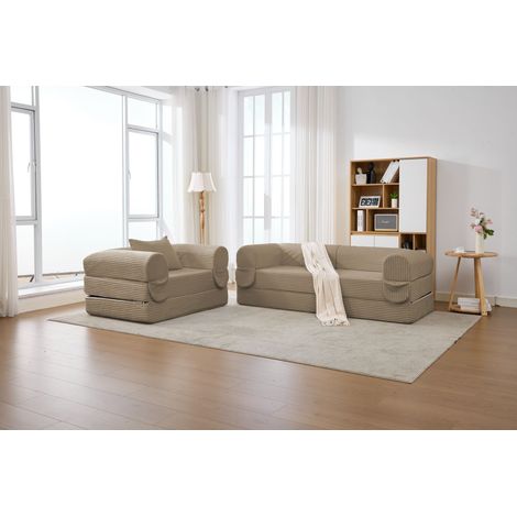 Set di divani modulari in corda 1 posto + 2 posti, divano a terra senza telaio, panca imbottita spessa in tessuto a righe, moderno divano ad angolo per soggiorno, camera da letto e appartamento (1/5)