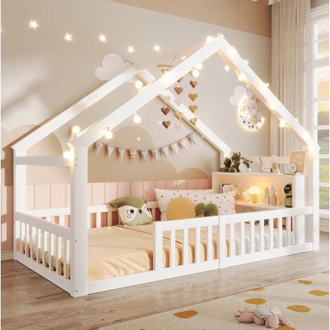 MODFU – Letto cabina per bambini 90x190 cm in pino, MDF e compensato con LED, barriere di sicurezza, mensole, portata 120 kg e 2 colli – Bianco (1/5)