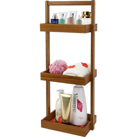 Étagère d'angle en teck pour douche à 3 niveaux avec poignée, panier de salle de bain en bois pour shampooing, étagère pour douche, bain, bureau, cuisine (1/5)