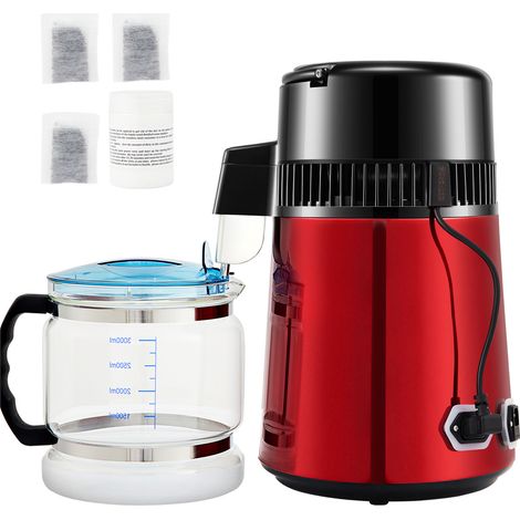Mophorn 4-l-Wasserdestilliergerät, 1 l/h, 750 W, mit 0-99-h-Timer, Temperaturanzeige, Edelstahl 304, Destilliergerät für die Arbeitsplatte, inkl. Glaskaraffe, Reinigungspulver, 3 Kohlepackungen, rot