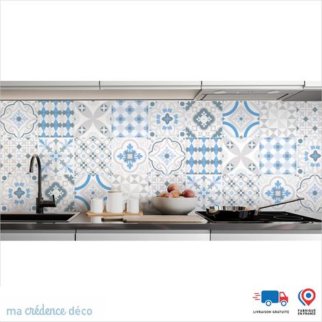 Crédence : Carreaux ciment colorés - Couleur Bleu mer - Alu composite - 120 - 60 (1/3)