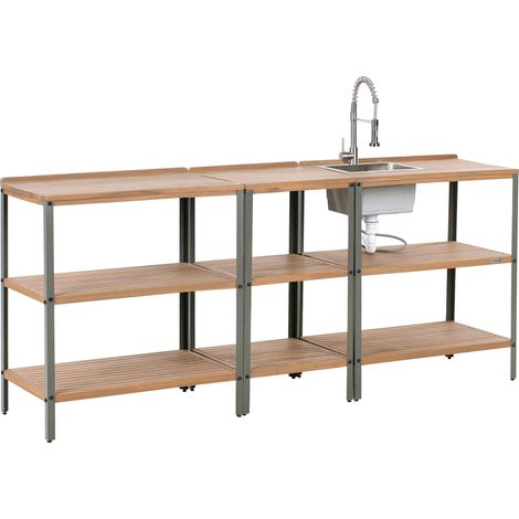 Cucina da esterno 3 elementi in legno di acacia massiccio marrone con lavello in acciaio inox Ivrea