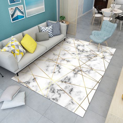 Tapis Salon Moderne 80x160cm Motif Marbre Gris Doré Crème Antidérapant Facile à Nettoyer Décoration Contemporaine (1/4)
