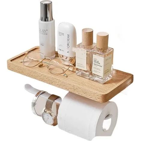 Porte-rouleau de papier toilette blanc auto-adhésif avec étagère en bambou, sans perçage. Porte-rouleau de papier toilette mural 2 en 1 avec perçage. (1/2)