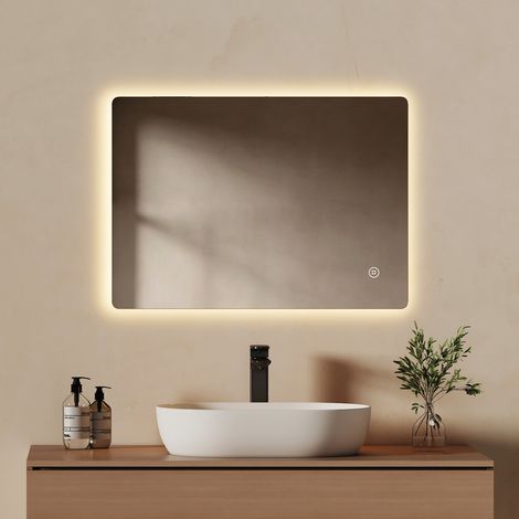 EMKE Miroir mural LED 70x50 cm pour salle de bain, rétroéclairage avec interrupteur tactile, fonction anti-buée et éclairage blanc froid/chaud/neutre