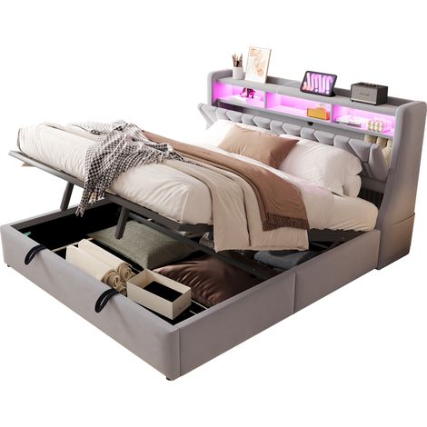 Lit coffre 180 x 200 cm en velours gris clair, tête de lit rabattable avec rangements, prises USB et Type-C, LED connectée, sommier à lattes, CHICFURN (1/5)