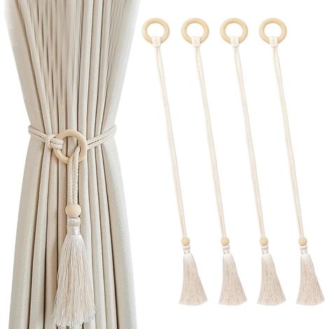 Lot de 4 embrasses beiges MUNTE, corde de 73 cm avec anneau bois et pompon, pour rideaux salon, salle de bain, chambre. (1/5)