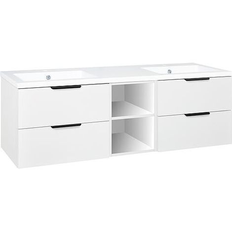 Meuble sous-vasque + vasque en fonte minérale LOSSA 4 tiroirs + 2 Étagères ouvertes blanc mat Largeur 1550 mm (1/3)