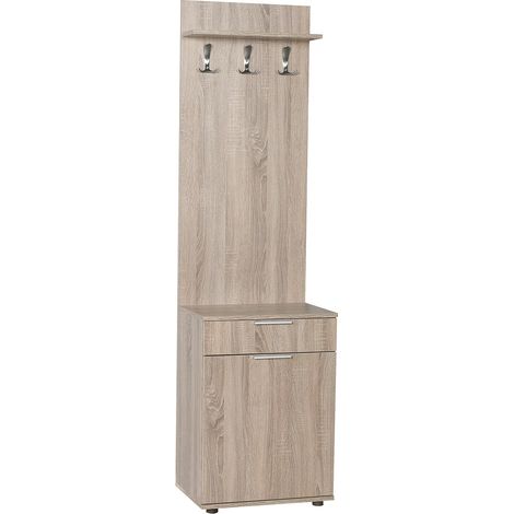 Pegane – Ensemble de meubles d'entrée banc vestiaire en panneaux de particules mélaminés coloris chêne – Dimensions 52 x 36 x 187 cm – Fabrication espagnole (1/2)