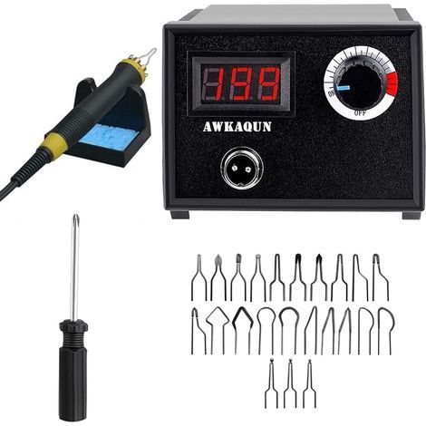 Brennkolben-Set, 60W Digitales Pyrographiegerät, Temperatur einstellbar von 0-730°C, Professionelles Pyrographie-Werkzeug mit 23 Motiven zum Löten, Holz, Gravieren, Leder, Kürbis (60W) (1/5)