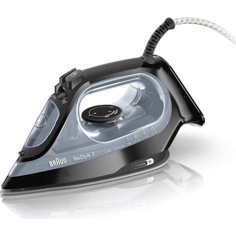Braun TexStyle3 SI3055BK Ferro da stiro a vapore con 4 Anni di Assistenza, Colpo vapore 180g, Termostato regolabile, Riscaldamento Rapido, Piastra Freeglide 3D Superceramic, Capacità 270ml, nero (1/4)