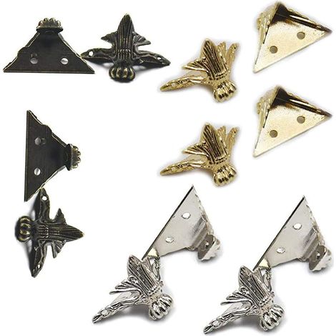 12 patas decorativas de esquina para joyeros (4 doradas, 4 plateadas, 4 bronce), con tornillos, adecuadas para joyeros de latón antiguo, cajas de adornos y patas de esquina para cajas. (1/5)