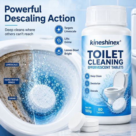 KineShinex Brausetabletten für die Toilettenreinigung schäumen auf, um Schmutz und gelbe Flecken zu lösen und zu desodorieren, und entfernen kraftvoll Kalkablagerungen und Vergilbung. (1/5)