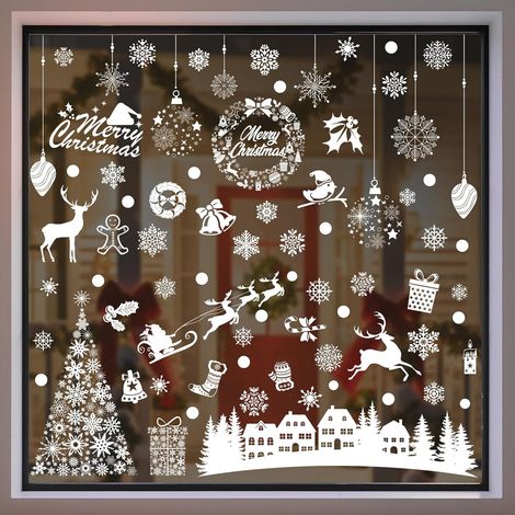 84 pegatinas electrostáticas navideñas para ventanas, 9 láminas blancas con adornos y pueblos navideños, pegatinas navideñas reutilizables para puertas, escaparates y cristales (1/5)