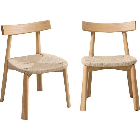 sweeek - 2er-Set skandinavische Stühle Heveaholz und Seilbespannung Natur / Beige