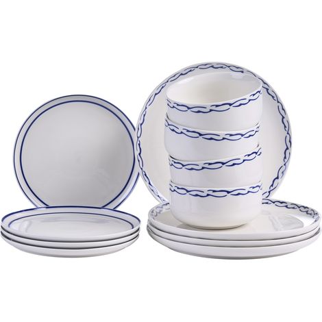 Vajilla de 12 piezas de porcelana acabado esmaltado con borde decorativo para 4 personas hecho a mano comedor cocina blanco y azul Amchur