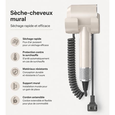 Sèche-cheveux mural haute vitesse 1500W modèle hôtel magnétique blanc crème 12w blanc 11,8 × 11,8 × 31 cm 710 g – Livraison gratuite