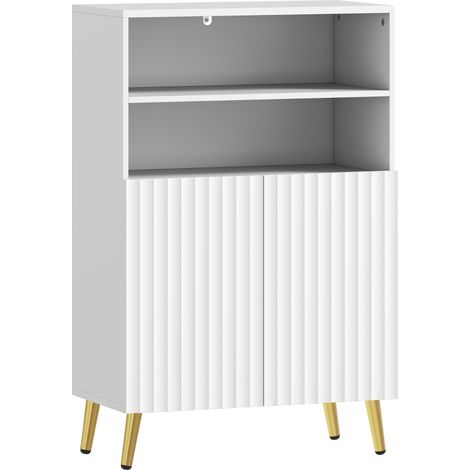Meuble de salle de bain, commode pour salon, portes à fermeture amortie, 2 étagères ouvertes, MDF, blanc