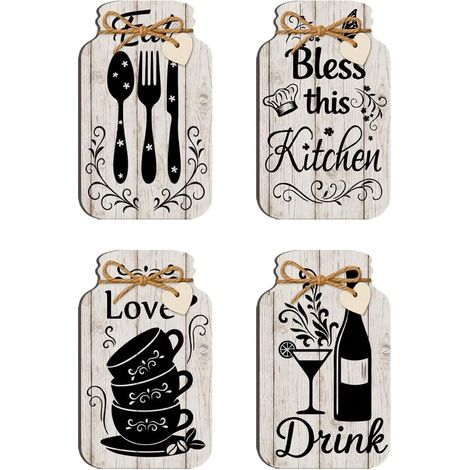 4pcs Décor Mural Cuisine Décor Cuisine Mur, Décoration Murale Panneau en Bois Cuisiner Panneau en Bois Pot Cuisine Ferme Planche pour Maison Salle à Manger Salon Bar Café (1/5)