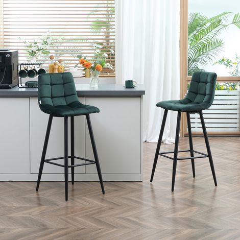 Lot de 2 tabourets de bar design surface en velours capitonné et pieds en acier hauteur 77 cm foncé vert