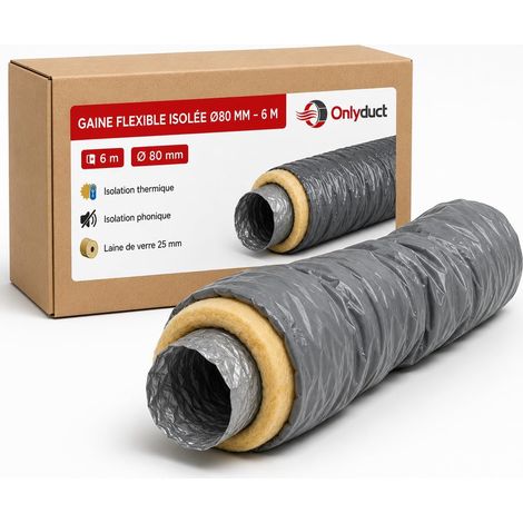 Gaine Clim et Ventilation VMC Isolée diamètre 80mm 6m - Isolant Laine de Verre 25mm - Sans Phtalate - Conduit PVC vinyle Flexible Vmc Simple et Double Flux - Qualité Européenne (1/5)