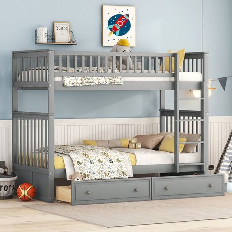 Lits superposés 90x200 cm pour enfants, fonctionnels avec tiroirs et conversion, design compact gris – idéal chambre, dortoir, colocation (1/4)