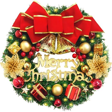 Künstlicher Weihnachtskranz, 30 cm, zum Aufhängen, mit Glöckchen und Bogen, ideal zum Dekorieren einer Tür, einer Wand oder eines Kamins.