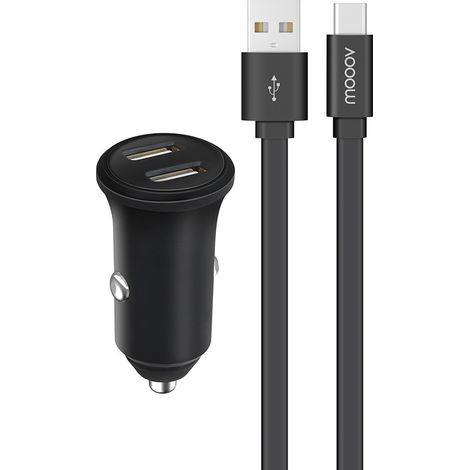 Chargeur allume-cigares 2 USB-A 4,8A Fast Charge+câble USB-A/C - 100% plastique recyclé 1 m - noir (1/5)