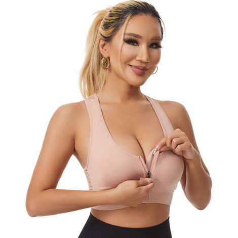 Soutien-gorge de sport pour femme avec fermeture éclair sur le devant - Sans armatures, en maille respirante et dos nageur - Idéal pour le yoga, le fitness et la course à pied - Rose - XXL (1/5)