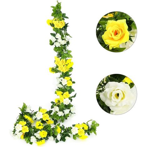 2 ghirlande di rose artificiali in seta da appendere, di colore giallo, per decorazioni interne ed esterne. (1/5)