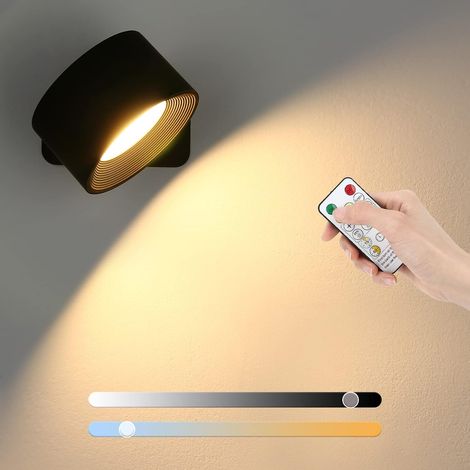 Applique Murale Intérieure LED Batterie Rechargeable Trois Températures de Couleur Contrôle Tactile et Télécommande Luminosité Magnétique Rotatif à 360° pour Le Salon Chambre (Noire, 1 pièce) (1/5)