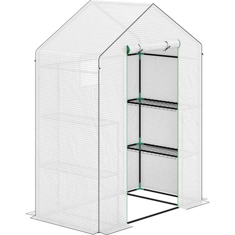 Serre avec porte enroulante fenêtre étagères 143x74x190cm blanche acier film plastique pour tomates légumes balcon jardin (1/5)