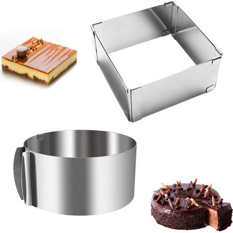 Adjustable Pastry Ring, 2pcs Rectangular + Round Stainless Steel Cake Frame, Pastry Mold with Scale Ø 16-30cm/6-12 inch Extendable, for Strawberry Mousse Dessert, Height 8cm