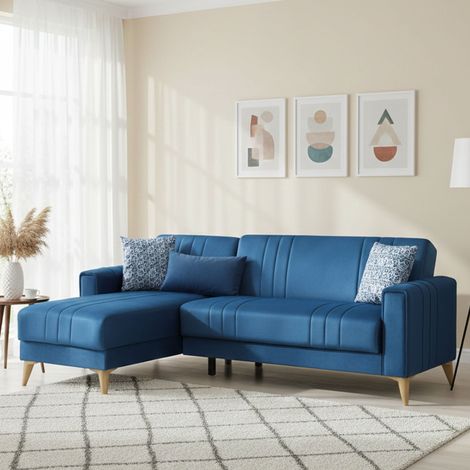 Dmora - Sofá cama Dinsign, Sofá cama con almacenaje de esquina con 3 cojines incluidos, Sofá tapizado en tela con apertura clic-clac, con península reversible, 225x151h84 cm, Azul (1/5)