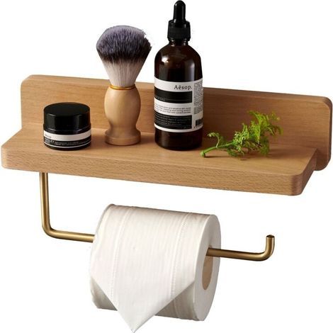 Devidoir Porte Papier Toilette Double Installation Bois Massif Hêtre Dérouleur Support Papier WC Mural Auto-adhésif Coins Arrondis Porte Rouleau de Papier Décor pour la Salle de Bain Cuisine (Hêtre,) (1/5)