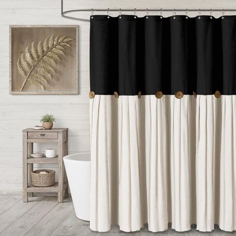 Tenda da doccia in lino con bottoni, 91 x 183 cm. Adatta a bagni in stile rustico. Motivo patchwork nero e beige. (1/5)