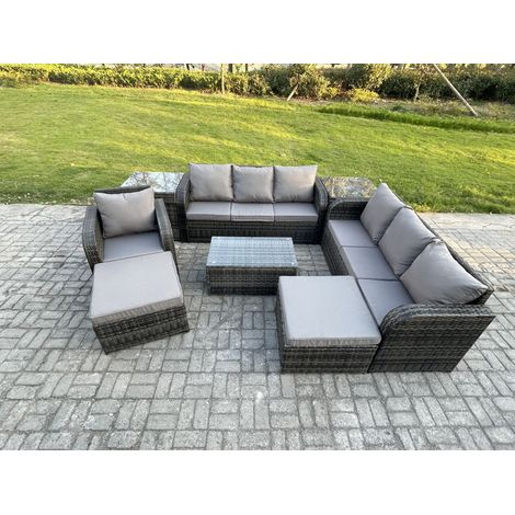 Fimous 9-Sitzer Rattan Lounge Sofa Set Gartenmöbel-Set mit Rechteckiger Couchtisch 3-Sitzer Sofa 2 hohen Hockern 2 Beistelltischen Dunkelgrau Gemischt (1/5)