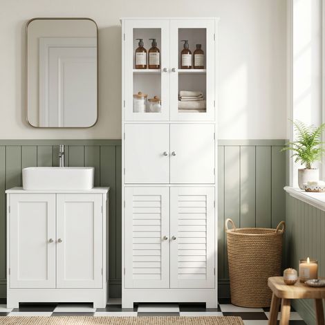 Meuble de salle de bain haut, meuble de rangement avec 6 portes dont 2 vitrées et 2 persiennes, étagère réglable, blanc (1/5)