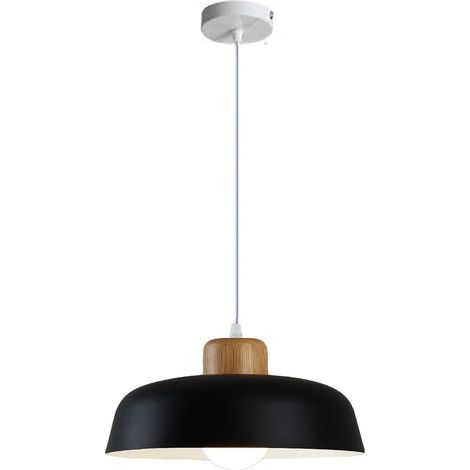 Plafonnier rond en métal, moderne et simple finition en bois E27 Penthouse Bar plafonnier, kitchen Island Restaurant lustre (noir) ne contient pas d'ampoule (1/4)