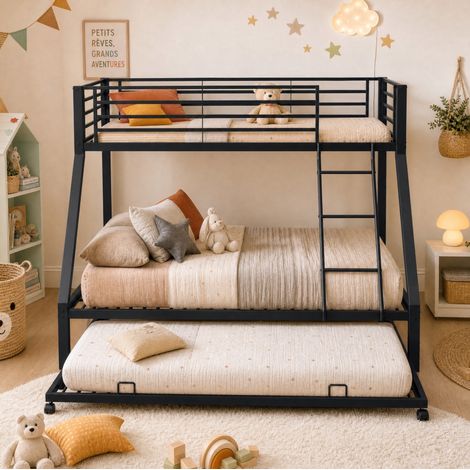 Litera 204x145.5x160 cm negra de metal con cama nido (1/5)