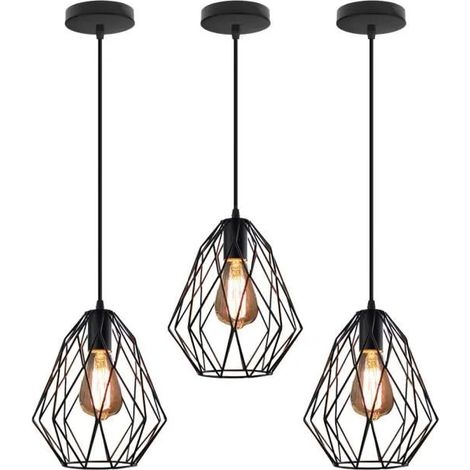 U-Do 3x Vintage Lustre Cage en Fer Noir E27 Suspension Luminaire Ajustable Lampe Créatif pour Salon Chambre (1/4)