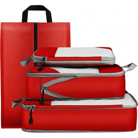 4-Piece Travel Shoe Organizer, Practical, Compressible, Portable, Red (1/5)