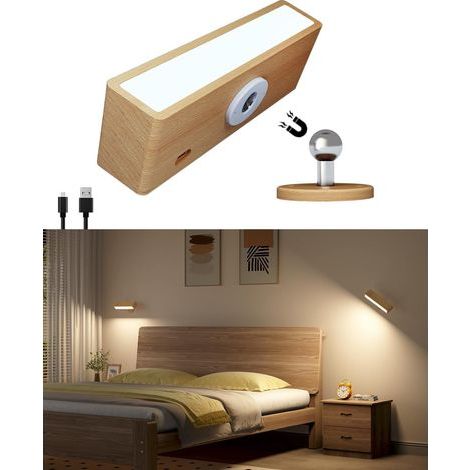 Wandleuchte aus Holz mit Batteriebetrieb, wiederaufladbare magnetische Wandleuchte, selbstklebende Wandleuchte fürs Schlafzimmer, dimmbare Wand-Nachttischleuchte, kabellose Wandleuchte zum Lesen im Sc
