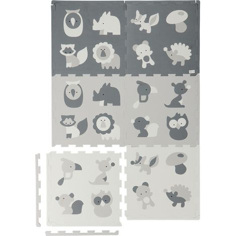 Relaxdays Tappeto Gioco Bambini, 6 Tasselli Puzzle con 12 Bordi, Tappetino in Gomma per Gattonare, Tema Animali, Grigio