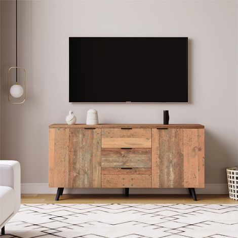 Modernluxe – Buffet bas vintage 140x35x70 cm avec 3 tiroirs et étagères réglables – Panneau de particules – Charme rustique pour salon ou cuisine - 3tiroirs (1/7)