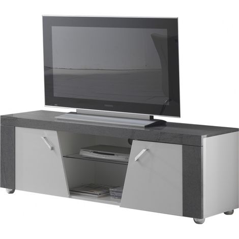 LUNA - Meuble TV 2 Portes et Niche Gris Finition Brillante (1/4)